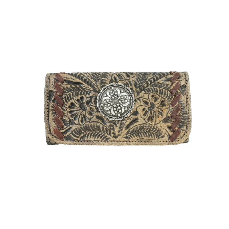 Festival Bags For Concerts And Events American West Womens Lariats and Lace Distressed Charcoal Leather Trifold Wallet