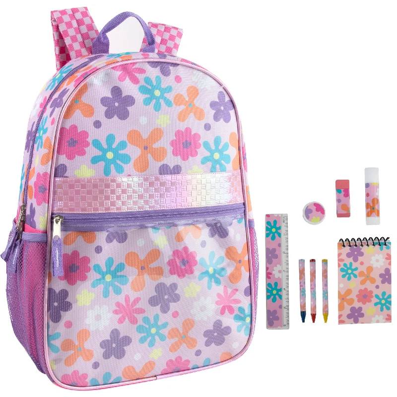 Designer Bags For Luxury Collectors 17-Inch Printed Backpack with 8-Piece School Supplies Kit - Purple Floral
