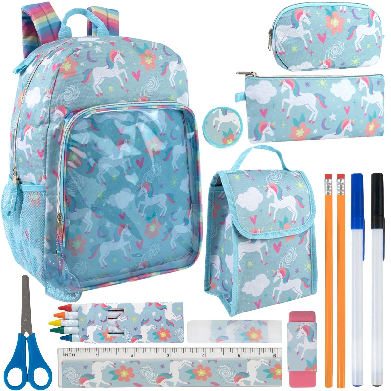 Bags For Outdoor Adventures 17-Inch Unicorn Backpack & Lunch Bag with 14-Piece School Supply Kit