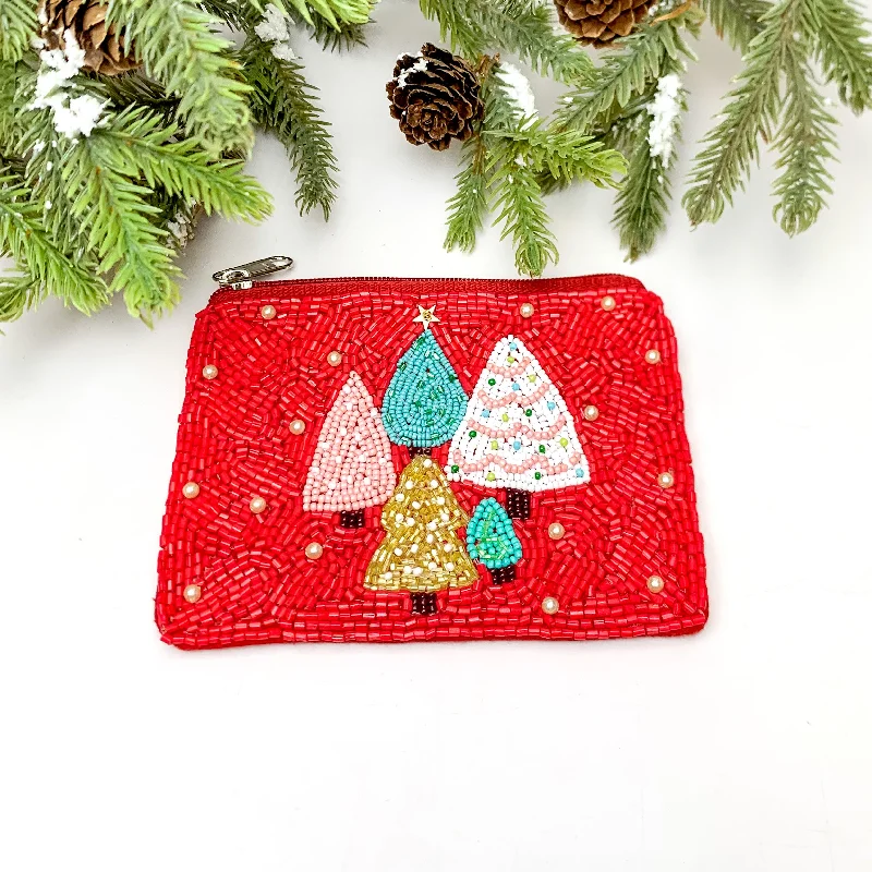 Stylish Bags For Fashion Bloggers With Promotions Beaded Coin Purse With Christmas Trees in Red