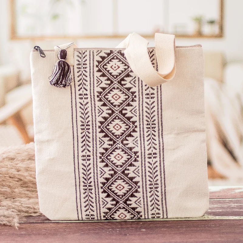Designer Bags For Luxury Collectors Traditional Patterned Zippered Ivory Cotton Tote Bag - Celestial Paths