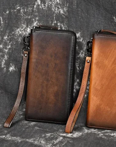 Stylish Bag For Women Vintage Brown Leather Men's Clutch Long Wallet Tan Zipper Wristlet Wallet For Men